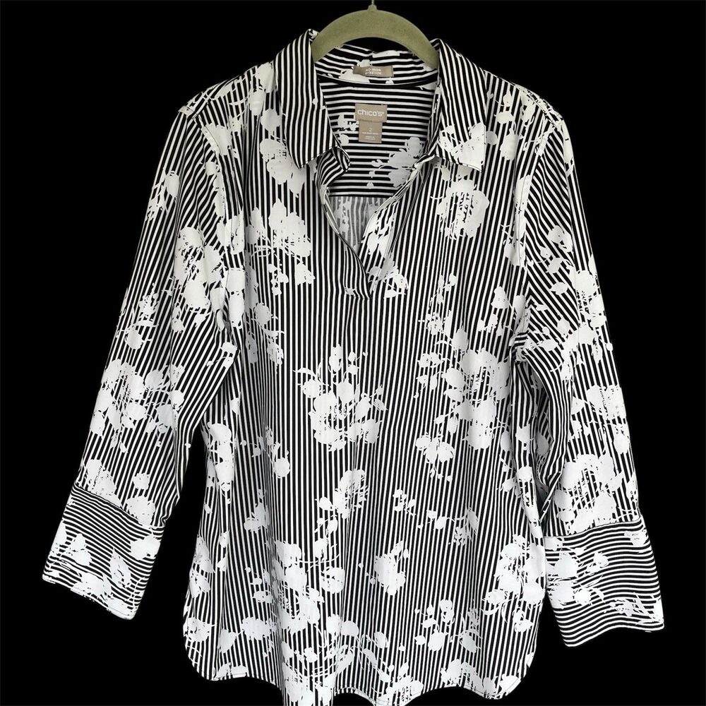 Chico's No Iron Blouse 2/12-14 Black White Stripe Floral Overlay Stretch Coastal
